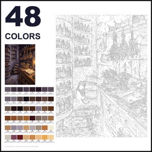 May include: A paint-by-numbers kit featuring 48 colors and a numbered outline of an apothecary interior. The image shows shelves filled with bottles, hanging dried herbs, a wooden table with a scale, and a cat sitting on a staircase.