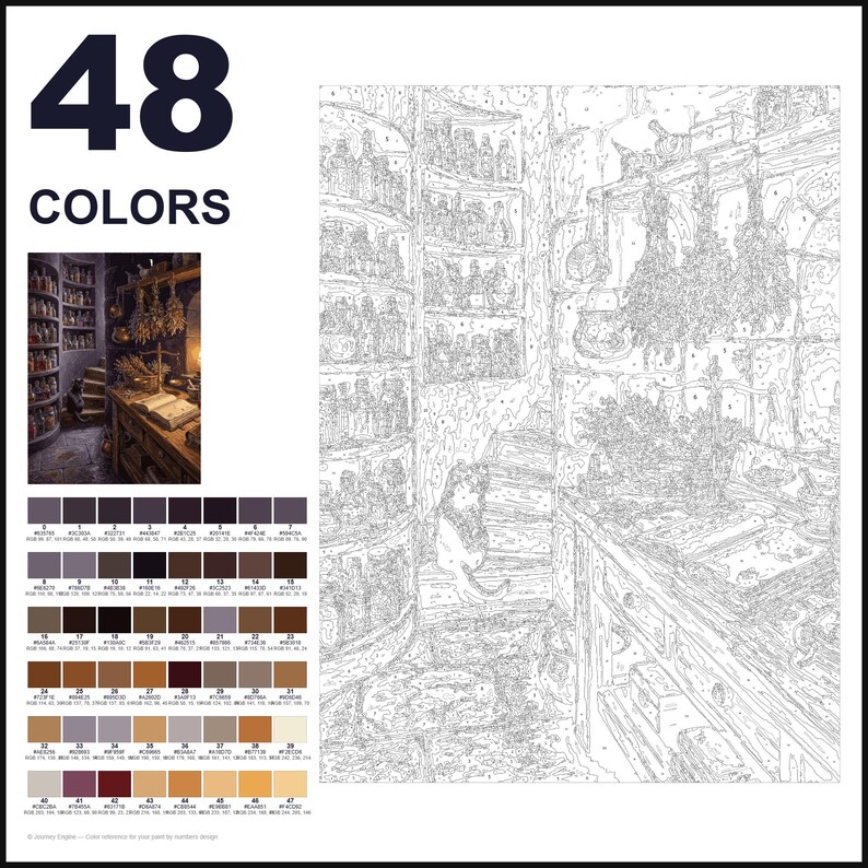May include: A paint-by-numbers kit featuring 48 colors and a numbered outline of an apothecary interior. The image shows shelves filled with bottles, hanging dried herbs, a wooden table with a scale, and a cat sitting on a staircase.