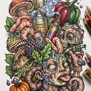 May include: A colorful, detailed illustration featuring a central human face with a protruding tongue, surrounded by a chaotic mix of a mushroom, spray paint cans, a bell pepper, a skull, grapes, a pumpkin, and various tentacle-like forms.