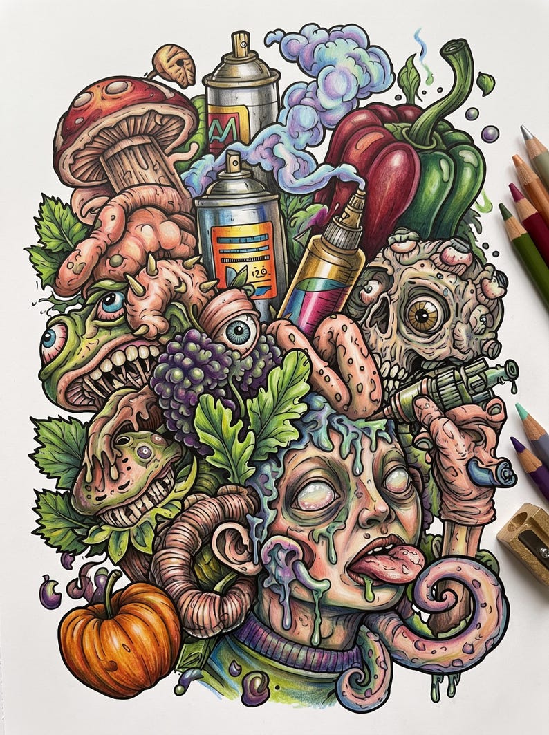 May include: A colorful, detailed illustration featuring a central human face with a protruding tongue, surrounded by a chaotic mix of a mushroom, spray paint cans, a bell pepper, a skull, grapes, a pumpkin, and various tentacle-like forms.