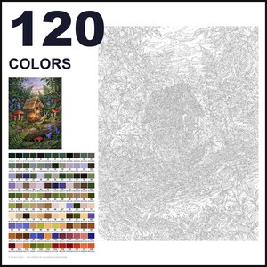 May include: A paint-by-numbers kit featuring 120 colors with a reference image of a snail with a house shell in a forest setting. The kit includes a large outlined canvas with numbered sections depicting a snail, mushrooms, and foliage.