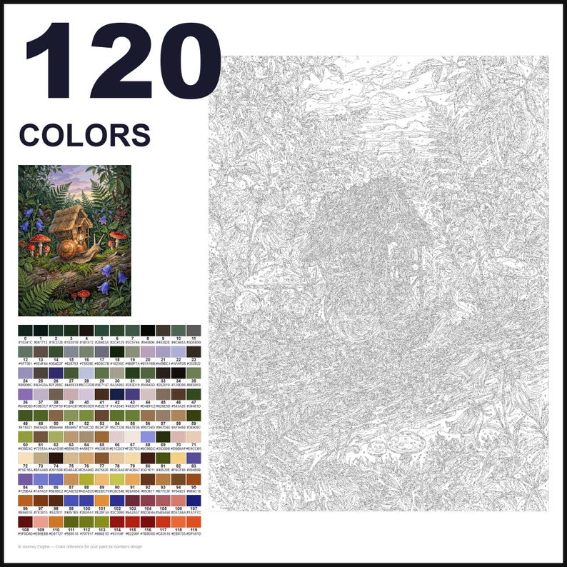 May include: A paint-by-numbers kit featuring 120 colors with a reference image of a snail with a house shell in a forest setting. The kit includes a large outlined canvas with numbered sections depicting a snail, mushrooms, and foliage.