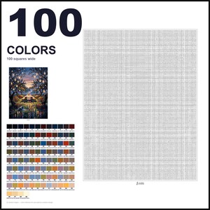 May include: A paint-by-numbers canvas featuring a large grid of 100 squares wide, a color reference chart with 100 numbered swatches, and a small preview image of a landscape with trees, lanterns, and a table set for a meal at twilight.