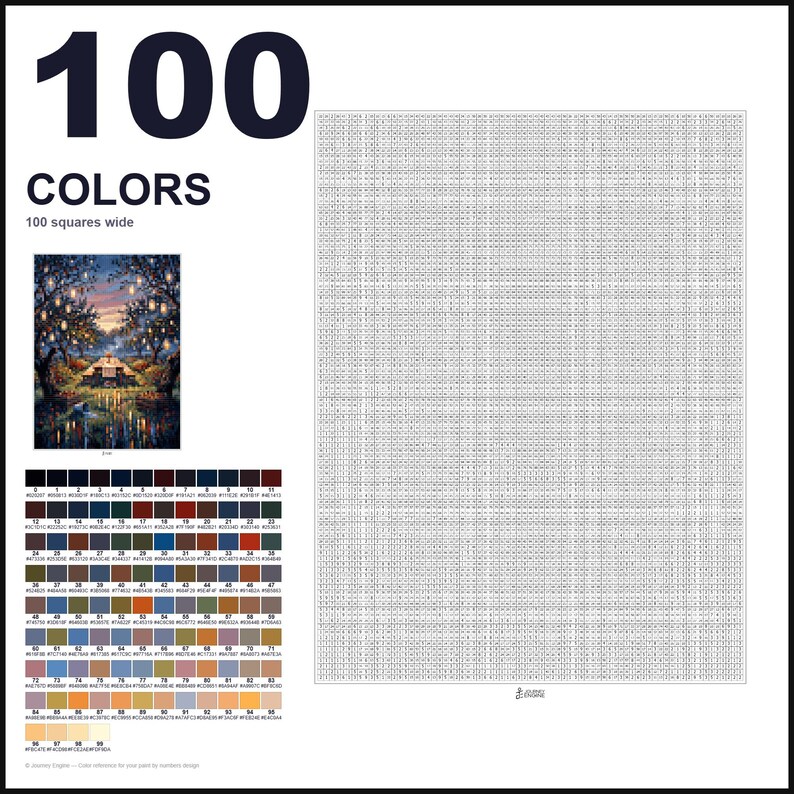 May include: A paint-by-numbers canvas featuring a large grid of 100 squares wide, a color reference chart with 100 numbered swatches, and a small preview image of a landscape with trees, lanterns, and a table set for a meal at twilight.