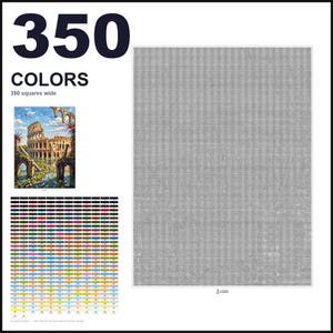 May include: A cross-stitch pattern document featuring the text 350 COLORS and 350 squares wide. It includes a small color-referenced image of the Roman Colosseum, a grid of 350 individual color swatches, and a large gray-scale symbol chart.