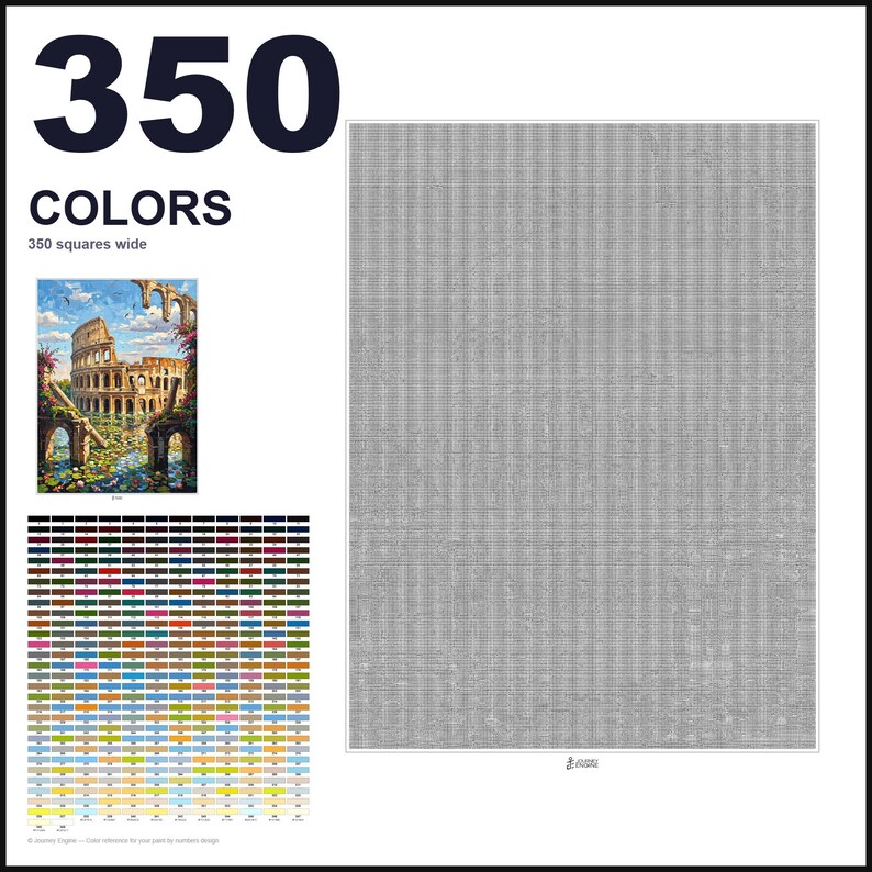 May include: A cross-stitch pattern document featuring the text 350 COLORS and 350 squares wide. It includes a small color-referenced image of the Roman Colosseum, a grid of 350 individual color swatches, and a large gray-scale symbol chart.