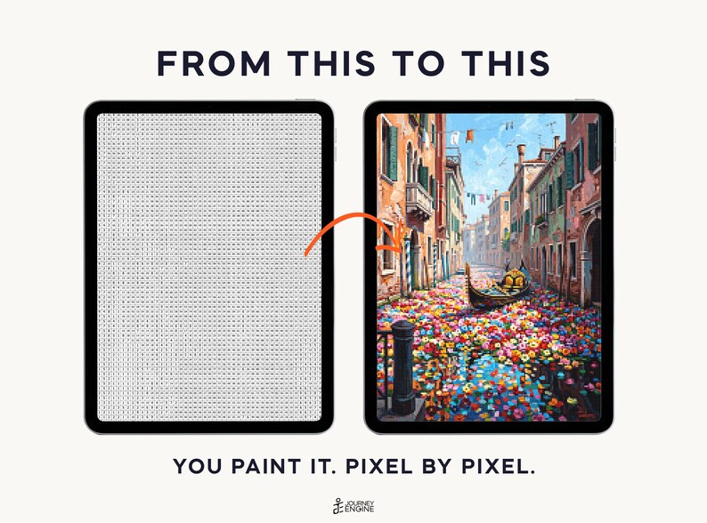 May include: Two digital tablets displaying a paint-by-number activity. The left screen shows a grid of numbered pixels, while the right screen shows a colorful Venetian canal scene with a gondola and flowers. Text reads: FROM THIS TO THIS. YOU PAINT IT. PIXEL BY PIXEL.