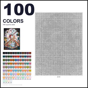 May include: A paint-by-numbers kit featuring a large grid of 100 squares wide, filled with numerical codes. It includes a color reference chart with 100 distinct swatches and a small preview image of a spiral staircase in a fantasy setting.