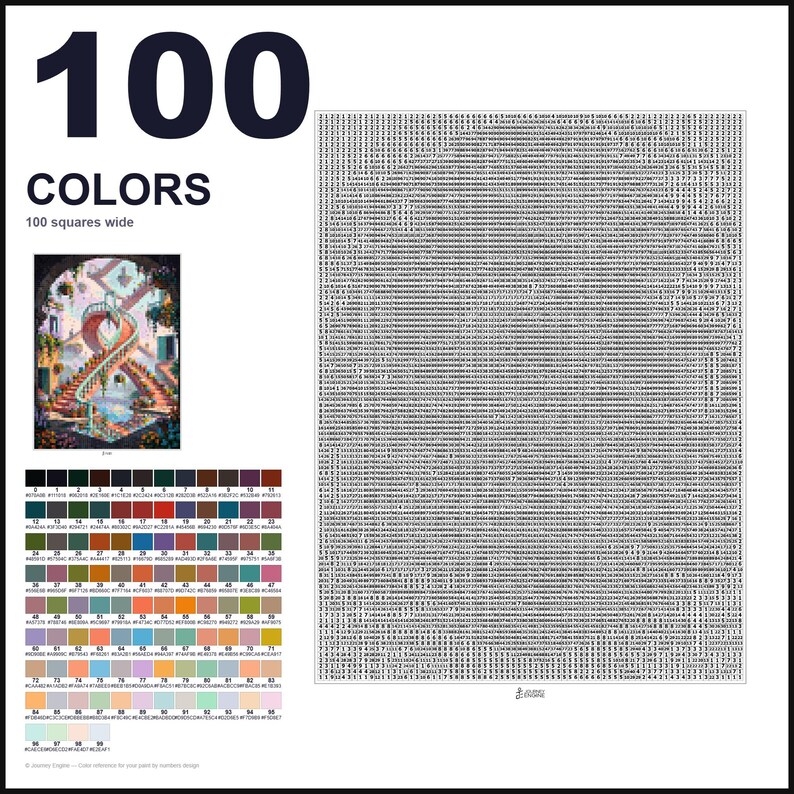 May include: A paint-by-numbers kit featuring a large grid of 100 squares wide, filled with numerical codes. It includes a color reference chart with 100 distinct swatches and a small preview image of a spiral staircase in a fantasy setting.