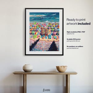 May include: A framed art print depicting a crowded beach scene with numerous colorful umbrellas, lounge chairs, and two dark wooden groynes extending into the sand. The text reads: Ready to print artwork included, High-resolution PNG + PDF sized for A3, Scalable SVG poster print up to 60x90 cm, No numbers, no outlines just the finished art.
