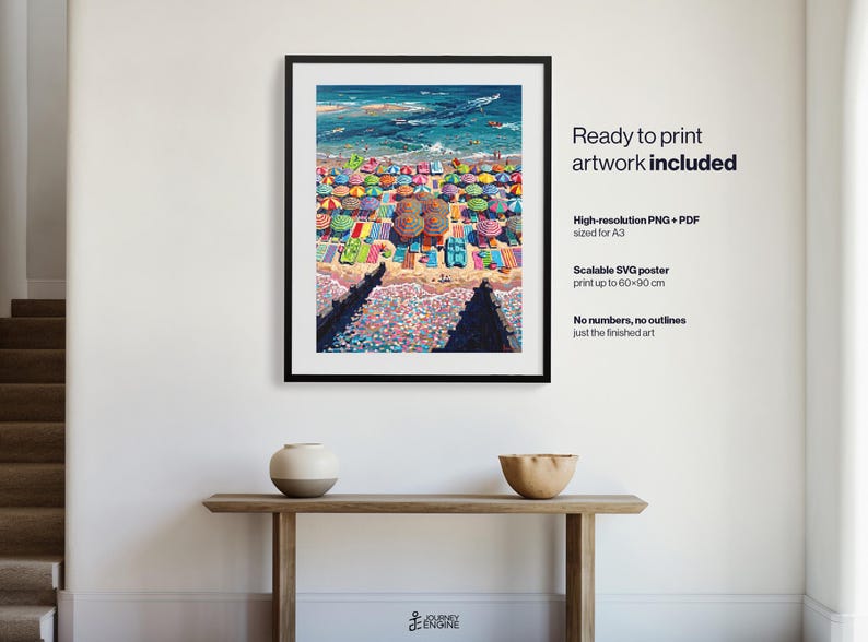 May include: A framed art print depicting a crowded beach scene with numerous colorful umbrellas, lounge chairs, and two dark wooden groynes extending into the sand. The text reads: Ready to print artwork included, High-resolution PNG + PDF sized for A3, Scalable SVG poster print up to 60x90 cm, No numbers, no outlines just the finished art.
