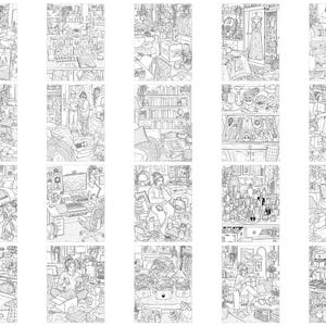 May include: A collection of twenty black and white line art illustrations depicting various indoor scenes, including bedrooms, kitchens, living areas, and workspaces filled with detailed household objects, furniture, plants, and personal items.