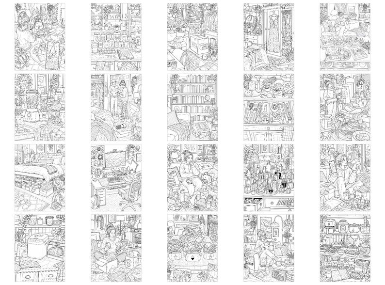 May include: A collection of twenty black and white line art illustrations depicting various indoor scenes, including bedrooms, kitchens, living areas, and workspaces filled with detailed household objects, furniture, plants, and personal items.