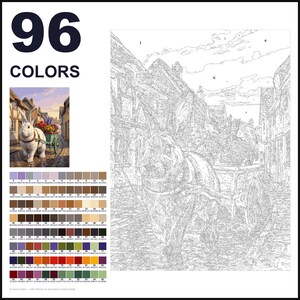 May include: A paint-by-numbers kit featuring a large rabbit pulling a wooden cart filled with flowers through a village street. The image includes a small color reference picture, a numbered outline of the scene, and a grid of 96 color swatches.