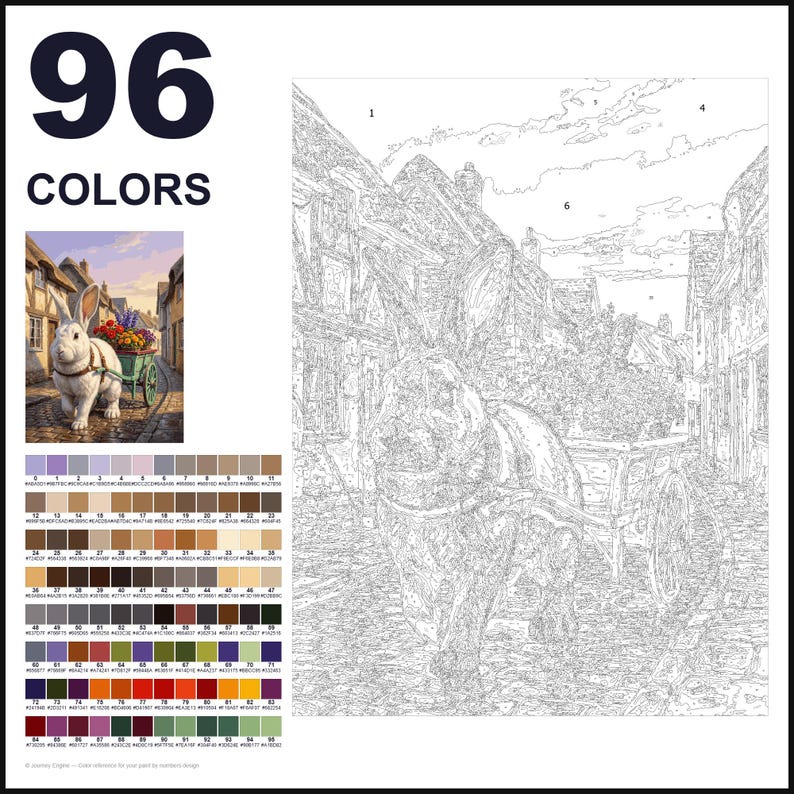May include: A paint-by-numbers kit featuring a large rabbit pulling a wooden cart filled with flowers through a village street. The image includes a small color reference picture, a numbered outline of the scene, and a grid of 96 color swatches.