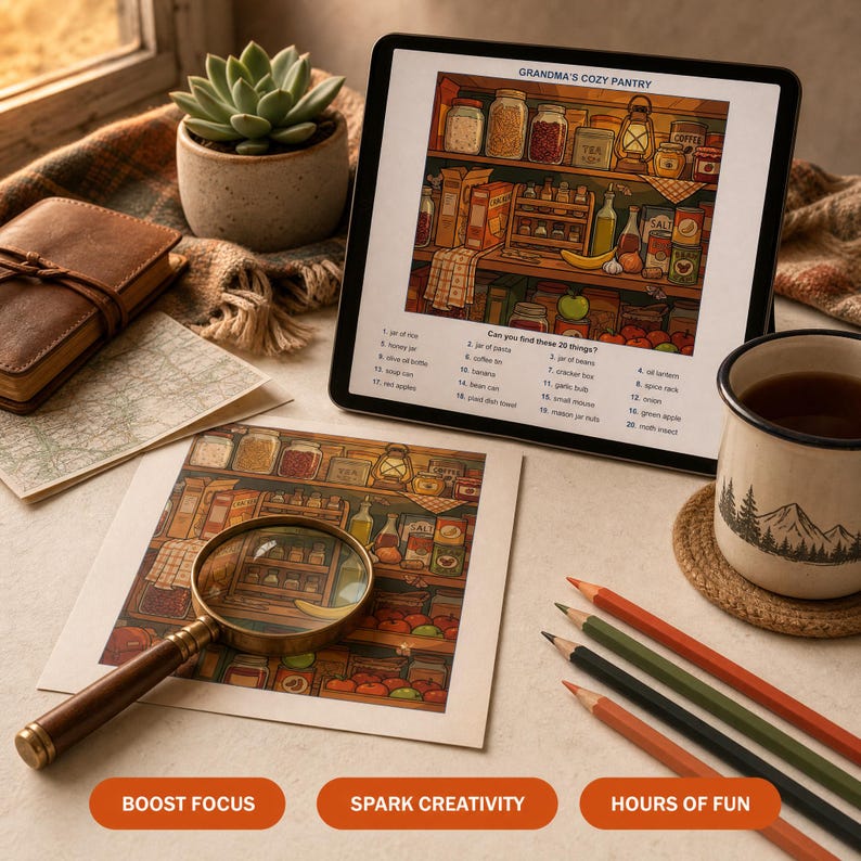 May include: A tablet displaying a Grandma's Cozy Pantry search-and-find game, a printed version of the same illustration, a brass-handled magnifying glass, four colored pencils, a succulent in a pot, and a mug with a mountain graphic.