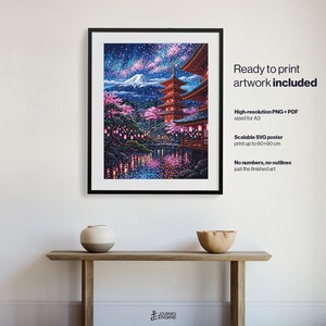 May include: A framed digital art print featuring a Japanese pagoda, cherry blossoms, and Mount Fuji under a starry night sky. Text reads: Ready to print artwork included, High-resolution PNG + PDF sized for A3, Scalable SVG poster print up to 60x90 cm.