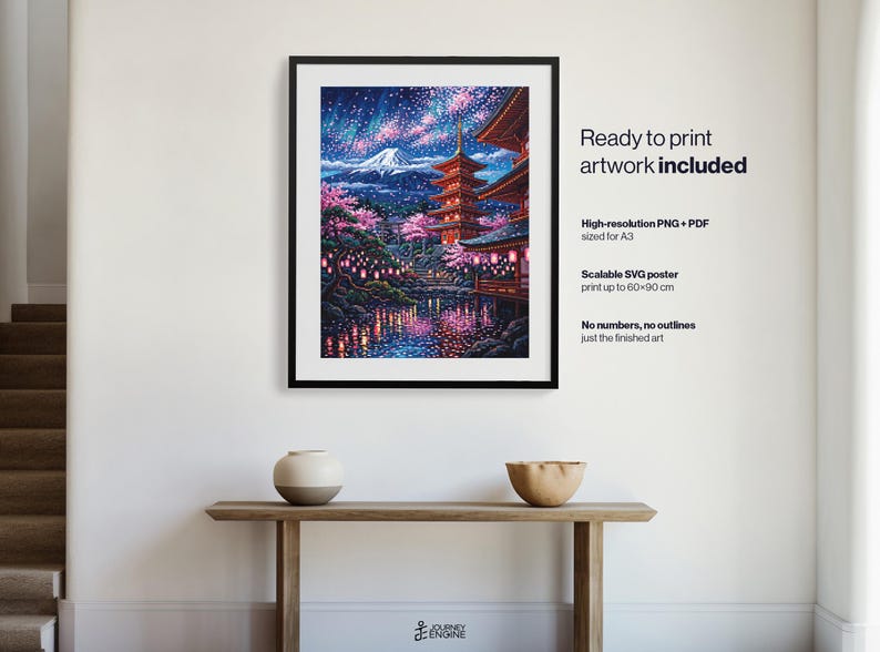 May include: A framed digital art print featuring a Japanese pagoda, cherry blossoms, and Mount Fuji under a starry night sky. Text reads: Ready to print artwork included, High-resolution PNG + PDF sized for A3, Scalable SVG poster print up to 60x90 cm.