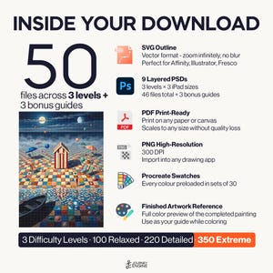 May include: A digital download package containing 50 files across 3 levels and 3 bonus guides. Includes SVG outlines, 9 layered PSDs, PDF print-ready files, high-resolution PNGs, Procreate swatches, and a finished artwork reference image.