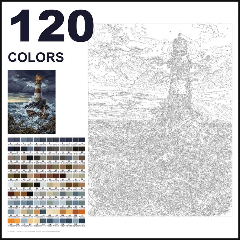 May include: A paint-by-numbers kit featuring a lighthouse on a rocky shore amidst stormy seas. The image includes a finished reference picture, a large numbered outline canvas, and a grid of 120 color swatches labeled with numbers 0 through 119.