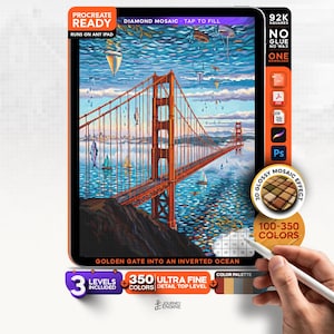 May include: A digital art file for Procreate featuring a Golden Gate Bridge illustration titled Golden Gate Into An Inverted Ocean. The artwork displays a bridge over a blue sea with floating objects, 92k squares, 350 colors, and 3 levels included.