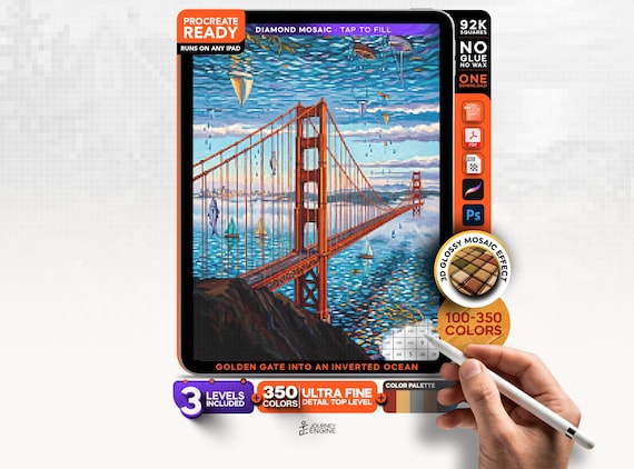 Golden Gate digital diamond painting mystery mosaic for iPad, Into an Inverted Ocean, Surreal