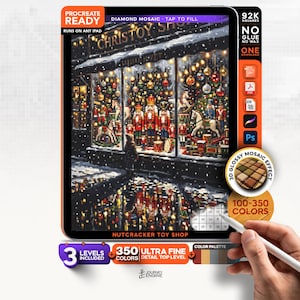 May include: A digital diamond mosaic art file for iPad titled Nutcracker Toy Shop, featuring a snowy storefront display with nutcrackers, rocking horses, and ornaments. The interface includes text labels like Procreate Ready, 92K Squares, and 350 Ultra Fine Colors, with a color palette and a grid section visible.
