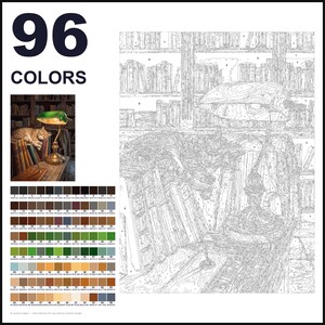 May include: A paint-by-numbers kit featuring 96 colors and a line art template of a cat sleeping on a stack of books next to a desk lamp. A small reference image shows the finished scene with a green lamp and a tabby cat in a library.
