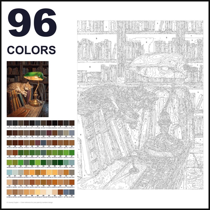 May include: A paint-by-numbers kit featuring 96 colors and a line art template of a cat sleeping on a stack of books next to a desk lamp. A small reference image shows the finished scene with a green lamp and a tabby cat in a library.