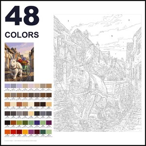 May include: A paint-by-numbers kit featuring a rabbit pulling a cart filled with flowers on a cobblestone street. The image includes a small color reference, a palette of 48 numbered color swatches, and a large outlined canvas with numbered sections.
