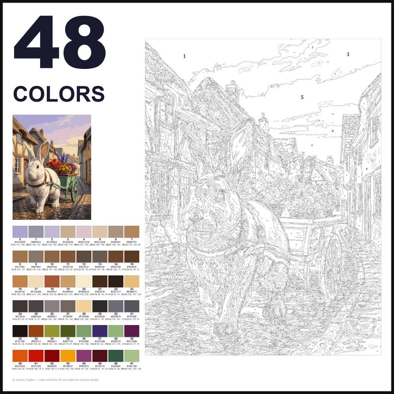 May include: A paint-by-numbers kit featuring a rabbit pulling a cart filled with flowers on a cobblestone street. The image includes a small color reference, a palette of 48 numbered color swatches, and a large outlined canvas with numbered sections.