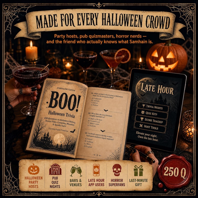 May include: A Halloween trivia book titled BOO! featuring 250 questions, displayed alongside a tablet showing the Late Hour app interface. The scene includes a carved pumpkin, cocktails, and a banner reading MADE FOR EVERY HALLOWEEN CROWD.