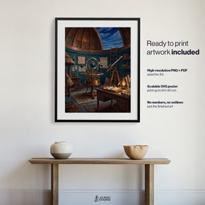 May include: A framed wall art print depicting an observatory interior with a telescope, an armillary sphere, a wooden desk, and a domed ceiling open to a night sky. The text on the right reads Ready to print artwork included, High-resolution PNG + PDF sized for A3, Scalable SVG poster print up to 60x90 cm, No numbers, no outlines just the finished art.