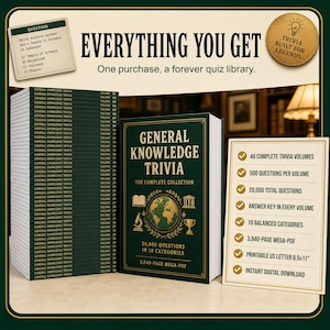 Puede incluir: Una colecci&oacute;n de trivia digital que incluye una pila de 40 libros verdes etiquetados como General Knowledge Trivia, una portada central con un icono de globo terr&aacute;queo y una lista de caracter&iacute;sticas que incluye 20,000 preguntas y un PDF de 3,840 p&aacute;ginas.