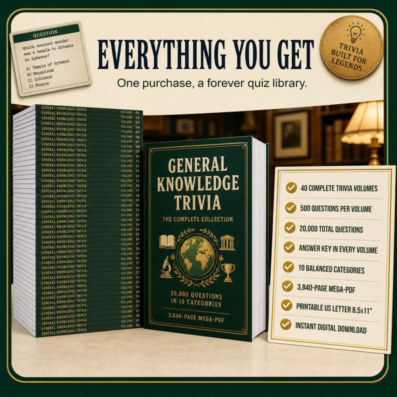Puede incluir: Una colecci&oacute;n de trivia digital que incluye una pila de 40 libros verdes etiquetados como General Knowledge Trivia, una portada central con un icono de globo terr&aacute;queo y una lista de caracter&iacute;sticas que incluye 20,000 preguntas y un PDF de 3,840 p&aacute;ginas.