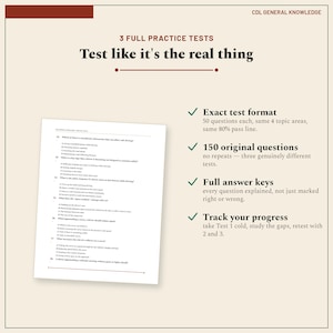 May include: A CDL General Knowledge practice test document featuring 3 full practice tests. The page displays multiple-choice questions about safe driving, alongside text highlighting features like exact test format, 150 original questions, full answer keys, and progress tracking.