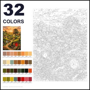 May include: A paint-by-numbers kit featuring a landscape with round-door dwellings and a sunset sky. The image includes a finished reference picture, a numbered outline canvas, and a palette of 32 colors with corresponding hex codes and labels.