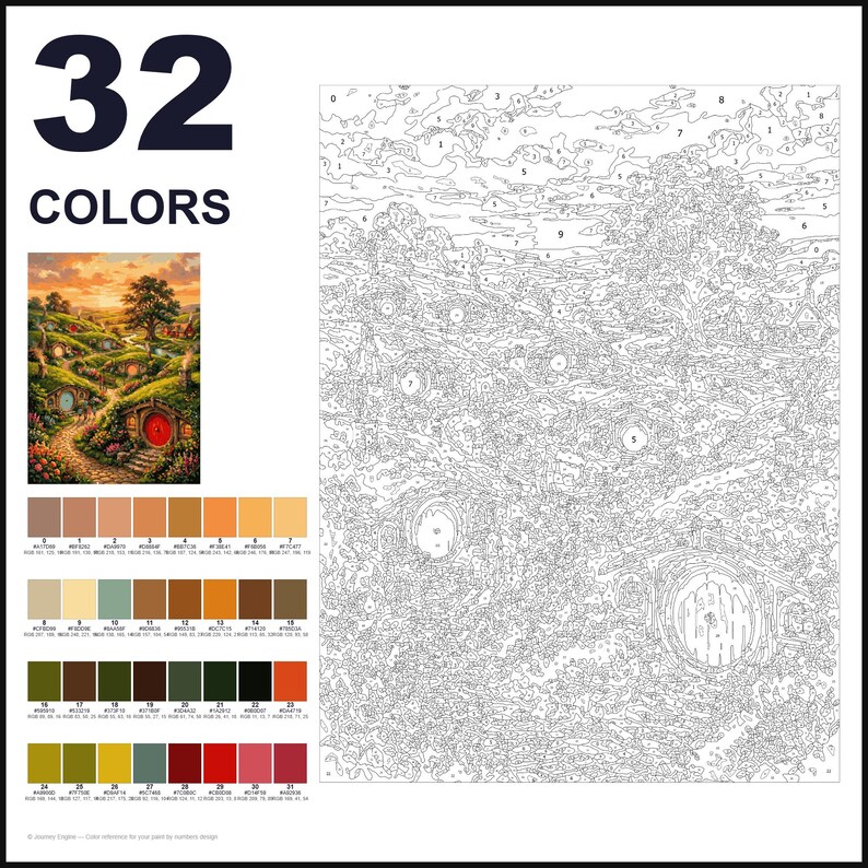 May include: A paint-by-numbers kit featuring a landscape with round-door dwellings and a sunset sky. The image includes a finished reference picture, a numbered outline canvas, and a palette of 32 colors with corresponding hex codes and labels.