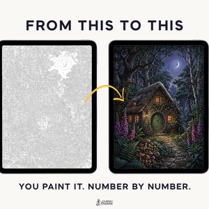 May include: Two tablets displaying a paint-by-number project. The left screen shows a grayscale line art template. The right screen shows the completed, colorful illustration of a stone cottage in a forest at night. Text reads FROM THIS TO THIS and YOU PAINT IT. NUMBER BY NUMBER.