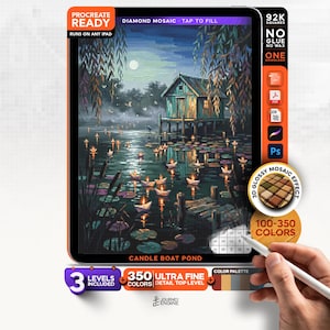 May include: A digital diamond mosaic art file titled Candle Boat Pond for Procreate, featuring a stilt house on a lake with floating candle boats under a full moon. The interface includes text labels for 92K squares, 350 colors, and 3 levels.