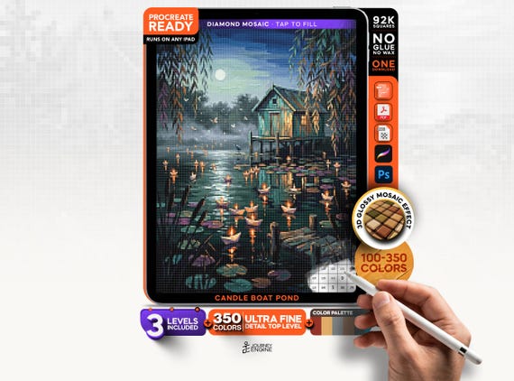 Candle Boat Pond digital diamond painting mystery mosaic for iPad, Cozy Evening Mosaic