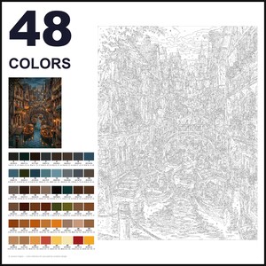 May include: A paint-by-numbers kit featuring a detailed line drawing of a canal scene with boats and buildings. The set includes a small color reference image and a grid of 48 numbered color swatches with corresponding RGB values for painting.