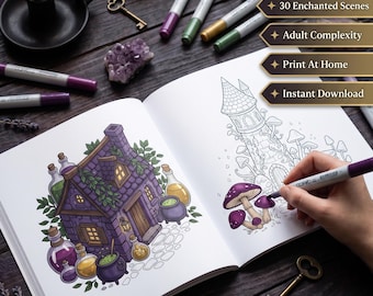 Witches Magic Cottages Coloring Book | 30 Isometric Pages (PDF Download)