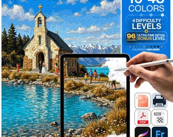 New Zealand Paint by Numbers Digital | 5 Levels 16-96 Colors | Svg Pdf Png Procreate | Lake Tekapo Church Good Shepherd Printable Wall Art
