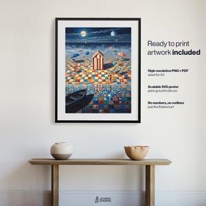 May include: A framed wall art print featuring a surreal beach scene with a red and white striped cabin, a dark boat, and a multicolored checkered ground under a night sky. Text on the right reads Ready to print artwork included, High-resolution PNG + PDF sized for A3, Scalable SVG poster print up to 60x90 cm, No numbers, no outlines just the finished art.