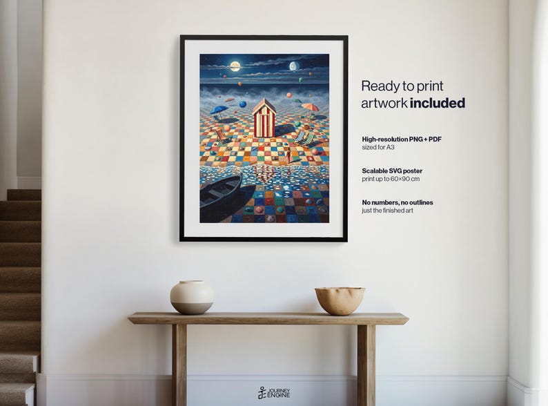 May include: A framed wall art print featuring a surreal beach scene with a red and white striped cabin, a dark boat, and a multicolored checkered ground under a night sky. Text on the right reads Ready to print artwork included, High-resolution PNG + PDF sized for A3, Scalable SVG poster print up to 60x90 cm, No numbers, no outlines just the finished art.