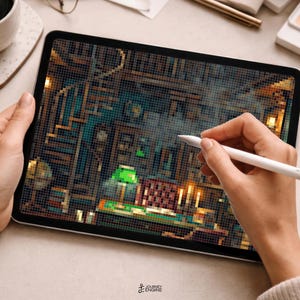 May include: A tablet displaying a pixel art illustration of a dimly lit library interior with bookshelves, a green desk lamp, and glowing candles. The screen shows a detailed scene with dark blue, brown, and gold tones, featuring a grid-like texture.