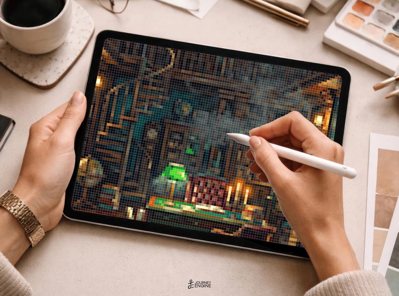 May include: A tablet displaying a pixel art illustration of a dimly lit library interior with bookshelves, a green desk lamp, and glowing candles. The screen shows a detailed scene with dark blue, brown, and gold tones, featuring a grid-like texture.