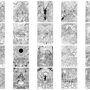Pode incluir: Uma cole&ccedil;&atilde;o de vinte ilustra&ccedil;&otilde;es de arte linear em preto e branco com v&aacute;rias cenas, incluindo um castelo, um concerto, um comboio em carris, uma praia com um carro e figuras em cen&aacute;rios detalhados, apresentadas numa grelha.