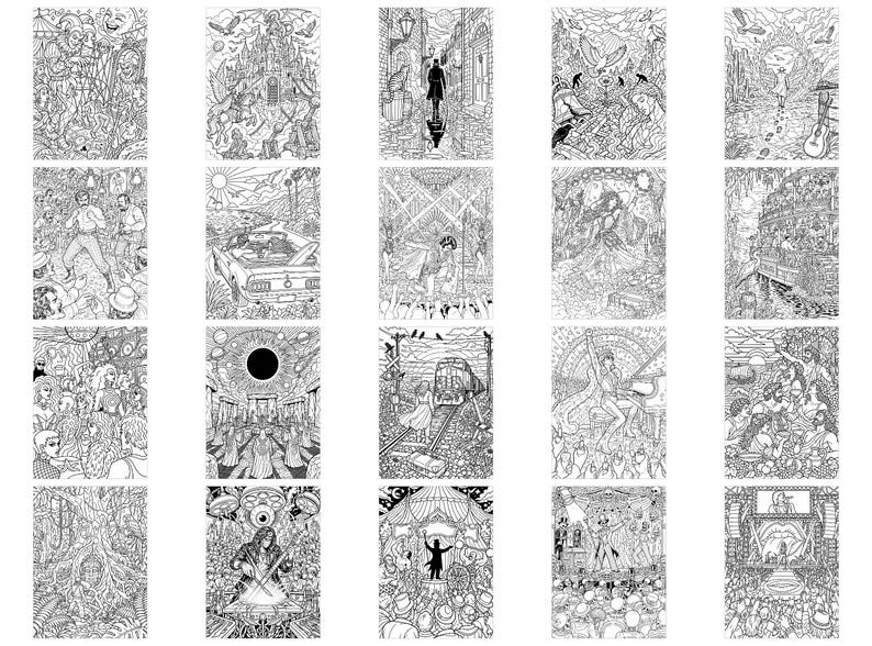 Pode incluir: Uma cole&ccedil;&atilde;o de vinte ilustra&ccedil;&otilde;es de arte linear em preto e branco com v&aacute;rias cenas, incluindo um castelo, um concerto, um comboio em carris, uma praia com um carro e figuras em cen&aacute;rios detalhados, apresentadas numa grelha.